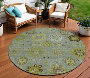 HomeRoots 8' Fern Green and Gray Round Damask Rug – Stylish, Washable, Stain-Resistant for Indoor & Outdoor Use 657873