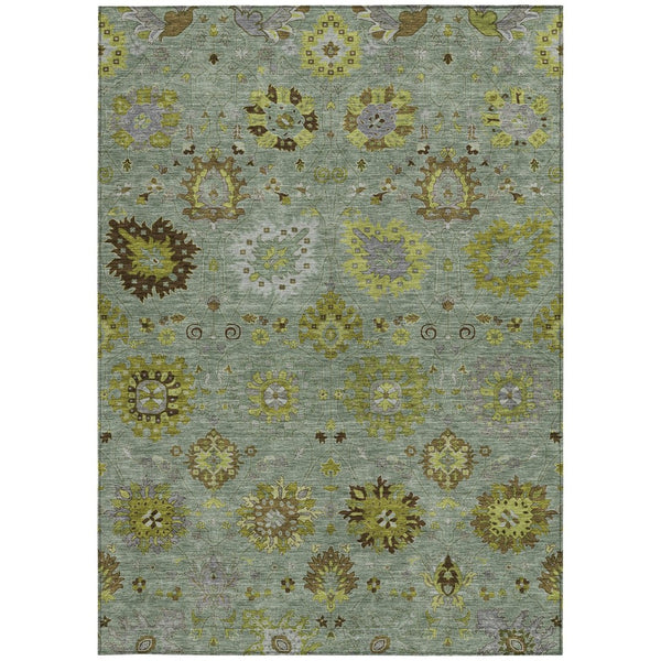 HomeRoots 8' X 10' Elegant Fern Green and Gray Damask Area Rug - Washable, Indoor/Outdoor, Durable Design! 657874