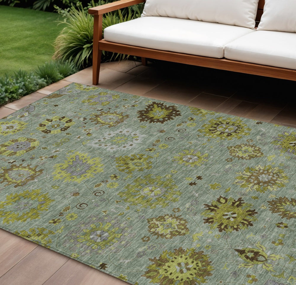 HomeRoots 8' X 10' Elegant Fern Green and Gray Damask Area Rug - Washable, Indoor/Outdoor, Durable Design! 657874