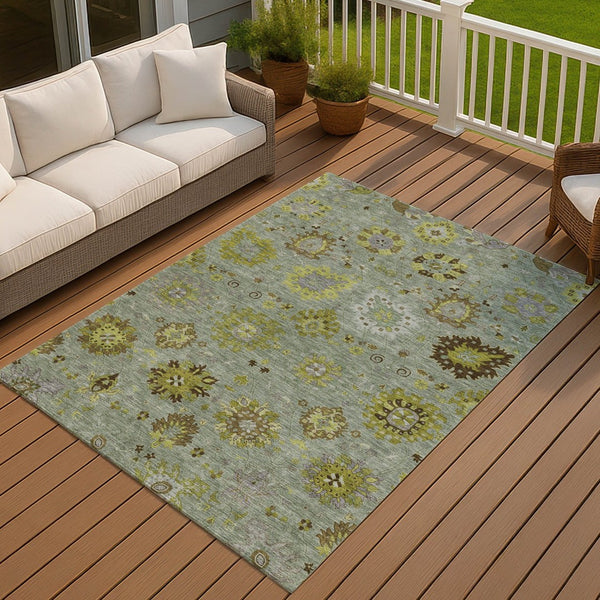 HomeRoots 8' X 10' Elegant Fern Green and Gray Damask Area Rug - Washable, Indoor/Outdoor, Durable Design! 657874