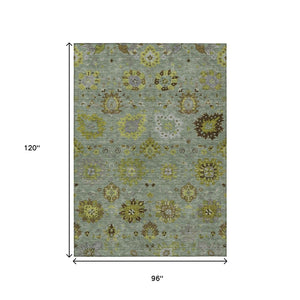 HomeRoots 8' X 10' Elegant Fern Green and Gray Damask Area Rug - Washable, Indoor/Outdoor, Durable Design! 657874