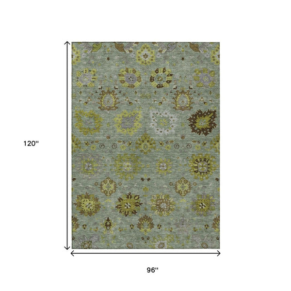 HomeRoots 8' X 10' Elegant Fern Green and Gray Damask Area Rug - Washable, Indoor/Outdoor, Durable Design! 657874