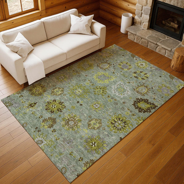 HomeRoots 8' X 10' Elegant Fern Green and Gray Damask Area Rug - Washable, Indoor/Outdoor, Durable Design! 657874