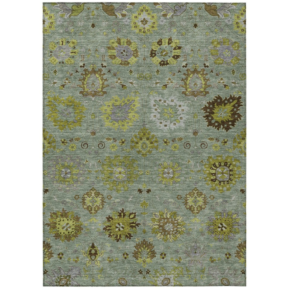 HomeRoots 9' Elegant Fern Green and Gray Damask Area Rug – Washable, Weather-Resistant, Indoor/Outdoor Use 657875