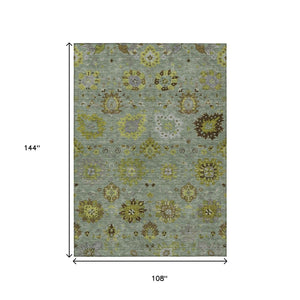 HomeRoots 9' Elegant Fern Green and Gray Damask Area Rug – Washable, Weather-Resistant, Indoor/Outdoor Use 657875