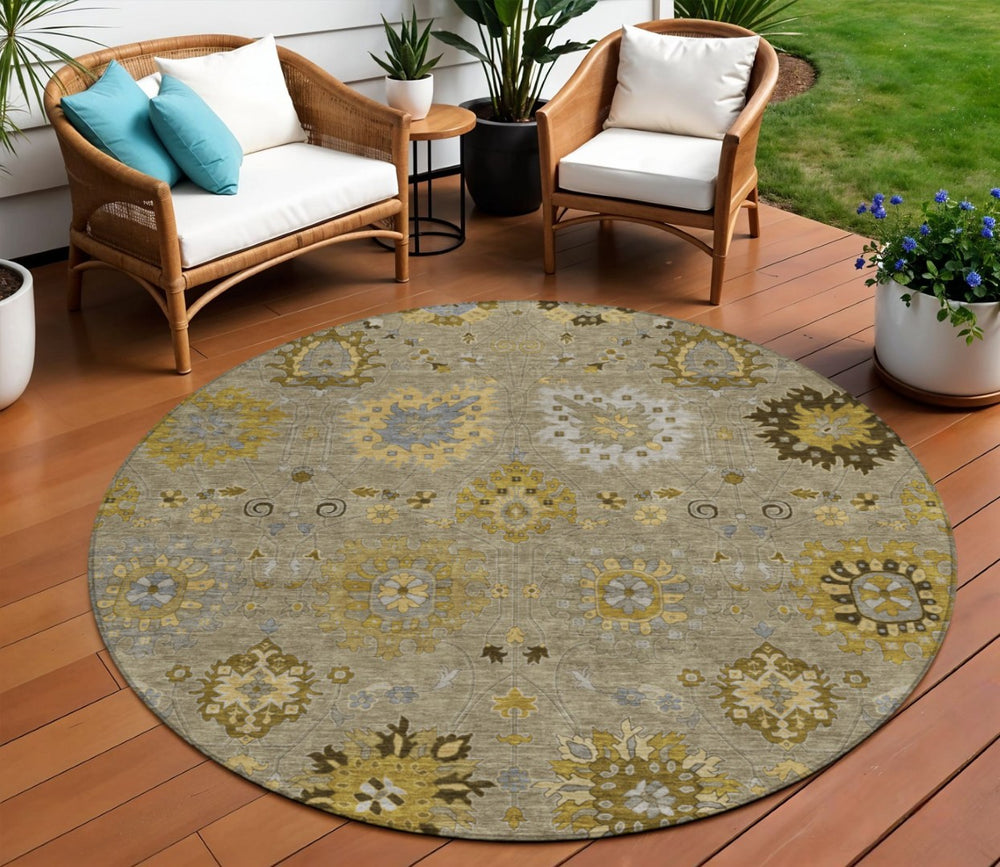 HomeRoots 8' Elegant Khaki Gold Gray Round Damask Rug - Washable, Durable Indoor/Outdoor for Any Space 657879