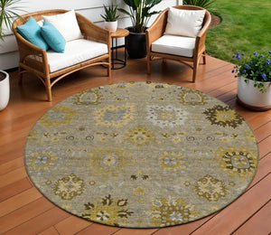 HomeRoots 8' Elegant Khaki Gold Gray Round Damask Rug - Washable, Durable Indoor/Outdoor for Any Space 657879