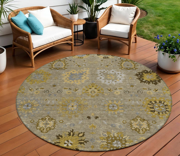 HomeRoots 8' Elegant Khaki Gold Gray Round Damask Rug - Washable, Durable Indoor/Outdoor for Any Space 657879