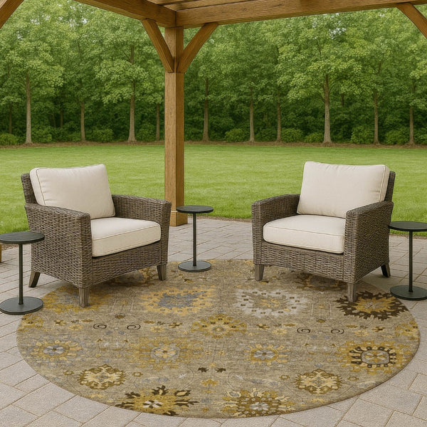 HomeRoots 8' Elegant Khaki Gold Gray Round Damask Rug - Washable, Durable Indoor/Outdoor for Any Space 657879