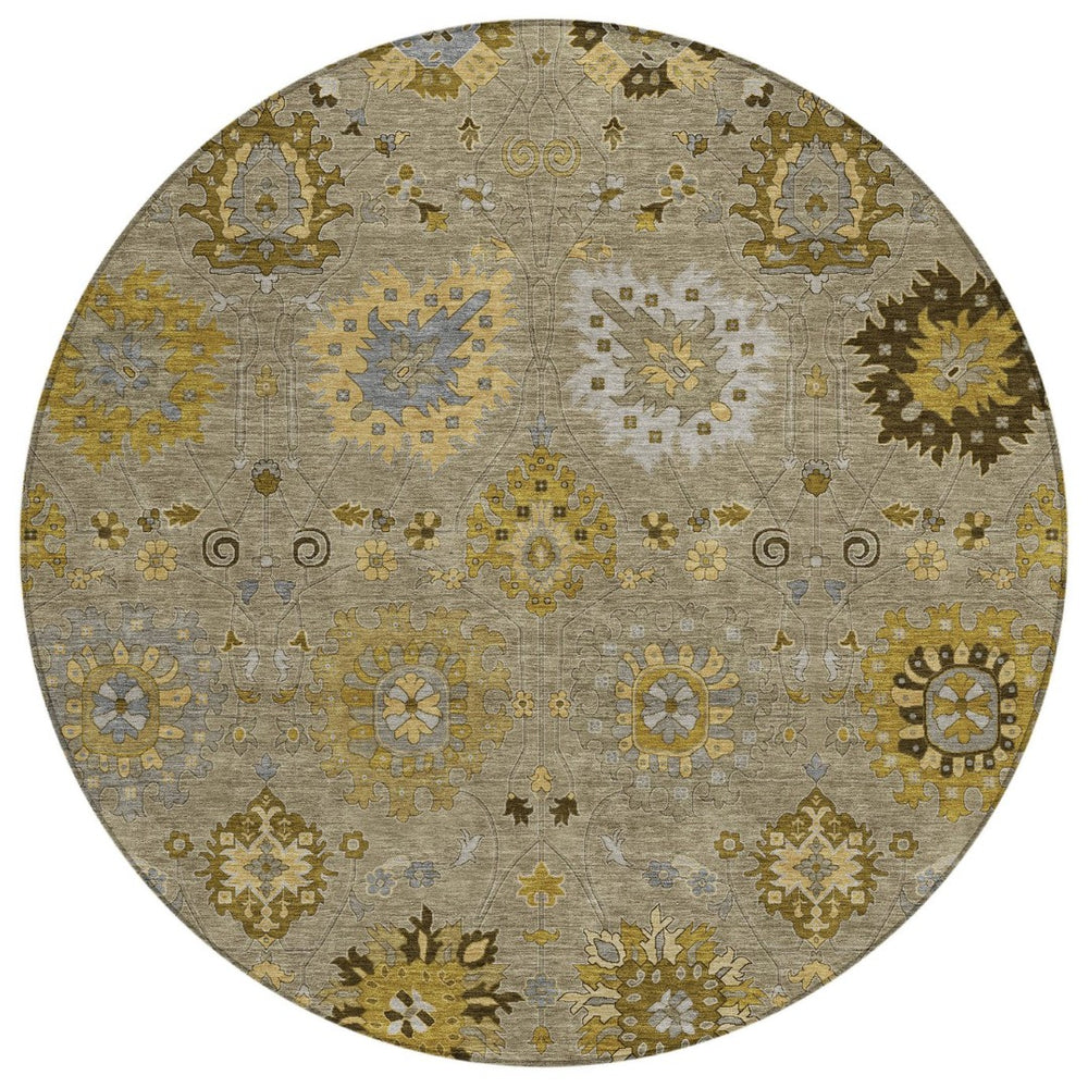 HomeRoots 8' Elegant Khaki Gold Gray Round Damask Rug - Washable, Durable Indoor/Outdoor for Any Space 657879