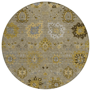 HomeRoots 8' Elegant Khaki Gold Gray Round Damask Rug - Washable, Durable Indoor/Outdoor for Any Space 657879