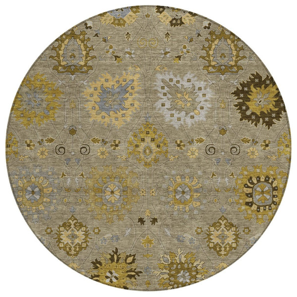 HomeRoots 8' Elegant Khaki Gold Gray Round Damask Rug - Washable, Durable Indoor/Outdoor for Any Space 657879