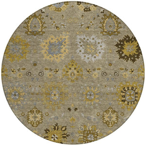 HomeRoots 8' Elegant Khaki Gold Gray Round Damask Rug - Washable, Durable Indoor/Outdoor for Any Space 657879
