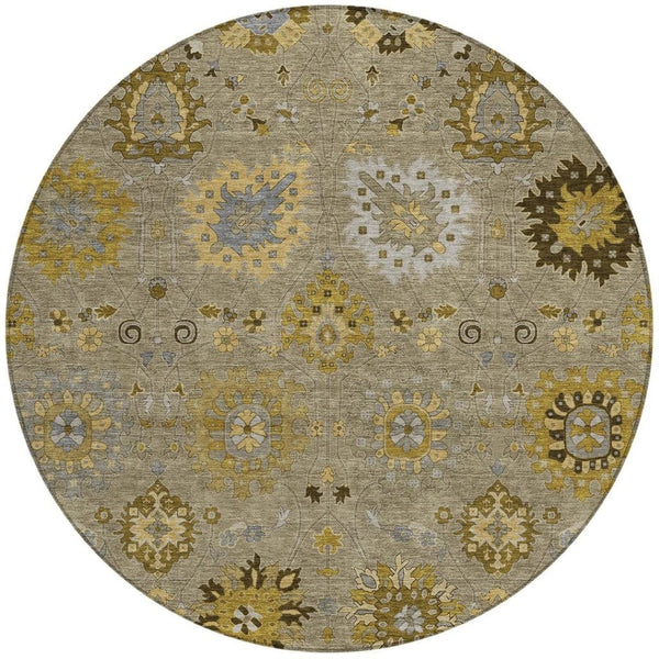 HomeRoots 8' Elegant Khaki Gold Gray Round Damask Rug - Washable, Durable Indoor/Outdoor for Any Space 657879
