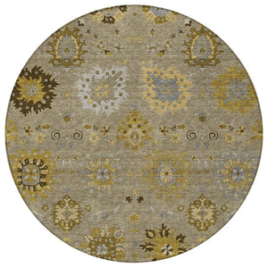 HomeRoots 8' Elegant Khaki Gold Gray Round Damask Rug - Washable, Durable Indoor/Outdoor for Any Space 657879