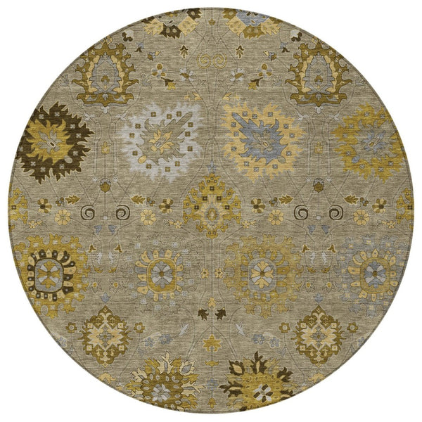HomeRoots 8' Elegant Khaki Gold Gray Round Damask Rug - Washable, Durable Indoor/Outdoor for Any Space 657879