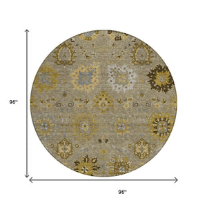 HomeRoots 8' Elegant Khaki Gold Gray Round Damask Rug - Washable, Durable Indoor/Outdoor for Any Space 657879
