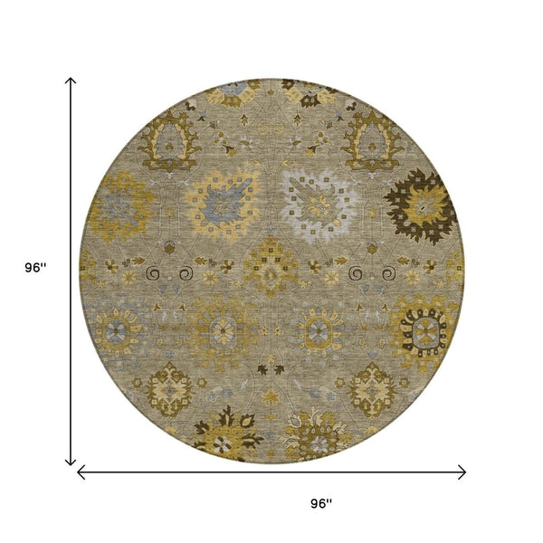 HomeRoots 8' Elegant Khaki Gold Gray Round Damask Rug - Washable, Durable Indoor/Outdoor for Any Space 657879