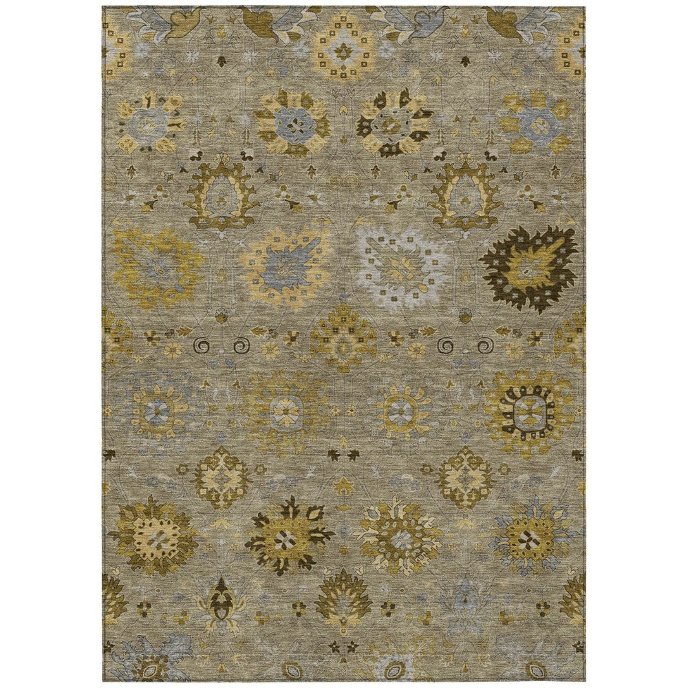 HomeRoots 9' x 12' Khaki Gold & Gray Damask Area Rug - Elegant, Washable Indoor/Outdoor Style for Any Space 657881
