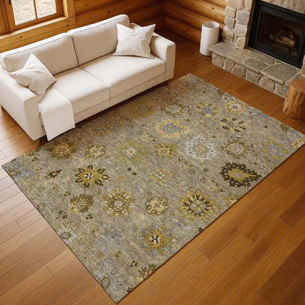 HomeRoots 9' x 12' Khaki Gold & Gray Damask Area Rug - Elegant, Washable Indoor/Outdoor Style for Any Space 657881
