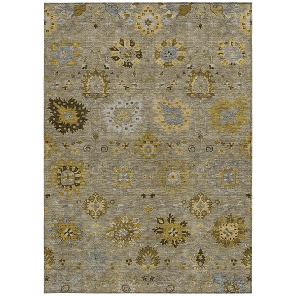 HomeRoots 10' Khaki Gold & Gray Damask Area Rug - Washable, Stain-Resistant, Perfect for Indoor & Outdoor Use! 657882
