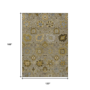 HomeRoots 10' Khaki Gold & Gray Damask Area Rug - Washable, Stain-Resistant, Perfect for Indoor & Outdoor Use! 657882