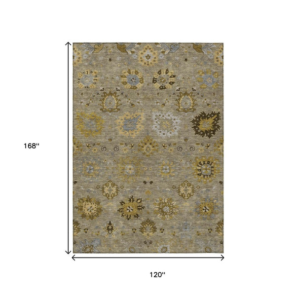 HomeRoots 10' Khaki Gold & Gray Damask Area Rug - Washable, Stain-Resistant, Perfect for Indoor & Outdoor Use! 657882
