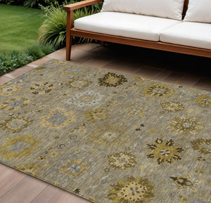 HomeRoots 10' Khaki Gold & Gray Damask Area Rug - Washable, Stain-Resistant, Perfect for Indoor & Outdoor Use! 657882