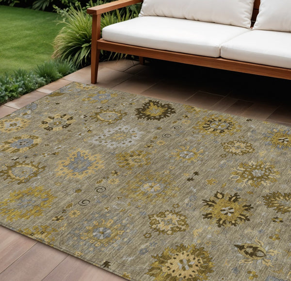 HomeRoots 10' Khaki Gold & Gray Damask Area Rug - Washable, Stain-Resistant, Perfect for Indoor & Outdoor Use! 657882