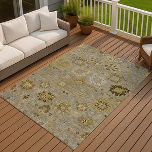 HomeRoots 10' Khaki Gold & Gray Damask Area Rug - Washable, Stain-Resistant, Perfect for Indoor & Outdoor Use! 657882