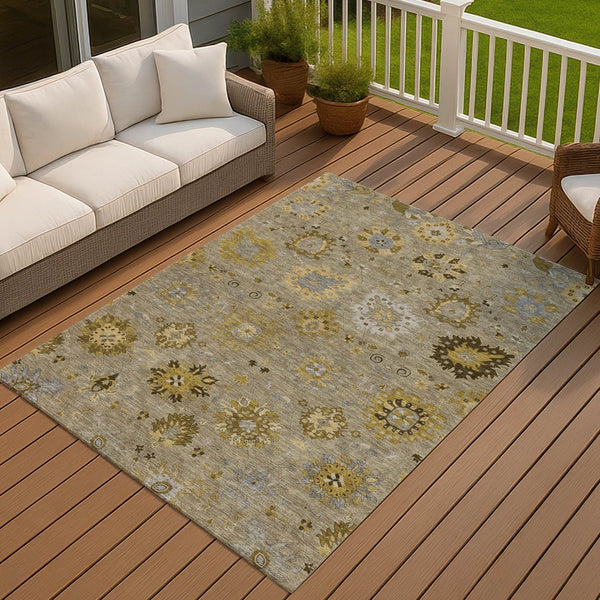 HomeRoots 10' Khaki Gold & Gray Damask Area Rug - Washable, Stain-Resistant, Perfect for Indoor & Outdoor Use! 657882