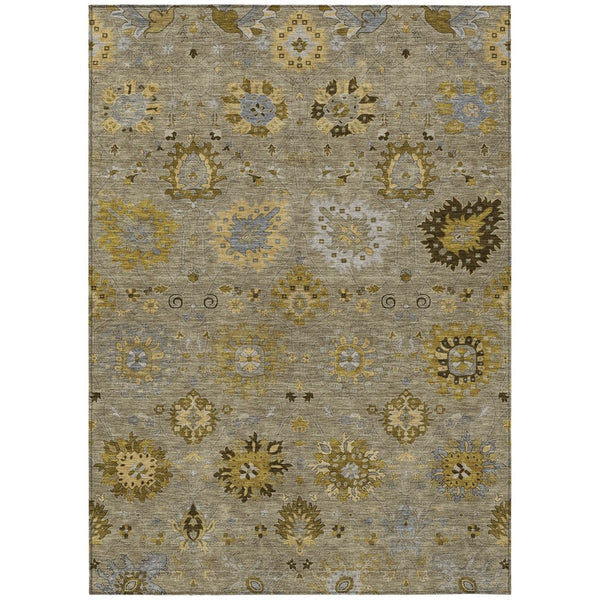 HomeRoots 10' Khaki Gold & Gray Damask Area Rug - Washable, Stain-Resistant, Perfect for Indoor & Outdoor Use! 657882
