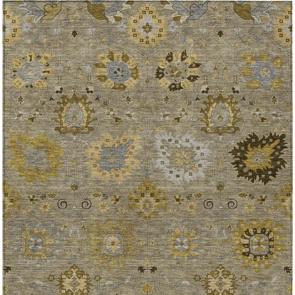 HomeRoots 10' Khaki Gold & Gray Damask Area Rug - Washable, Stain-Resistant, Perfect for Indoor & Outdoor Use! 657882