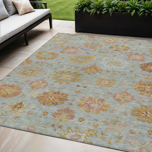 HomeRoots 5' Indoor Outdoor Pale Aqua & Gold Damask Area Rug - Machine Washable, Stain-Resistant Design! 657884