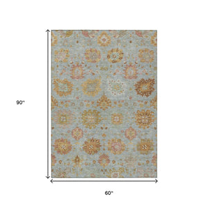 HomeRoots 5' Indoor Outdoor Pale Aqua & Gold Damask Area Rug - Machine Washable, Stain-Resistant Design! 657884