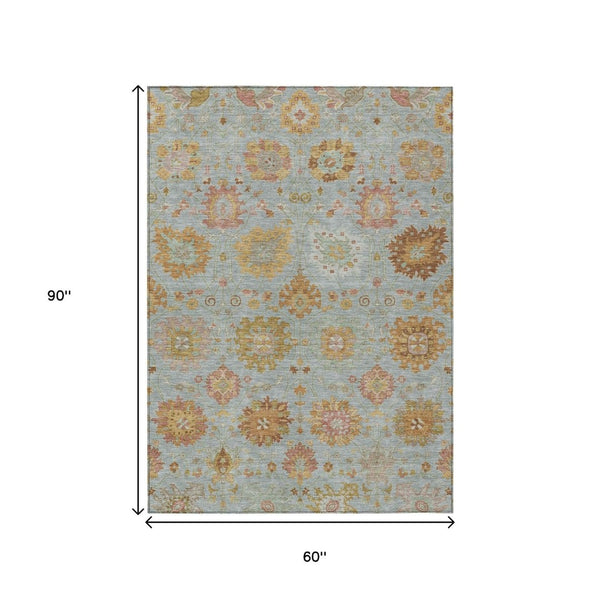 HomeRoots 5' Indoor Outdoor Pale Aqua & Gold Damask Area Rug - Machine Washable, Stain-Resistant Design! 657884