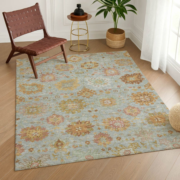 HomeRoots 5' Indoor Outdoor Pale Aqua & Gold Damask Area Rug - Machine Washable, Stain-Resistant Design! 657884