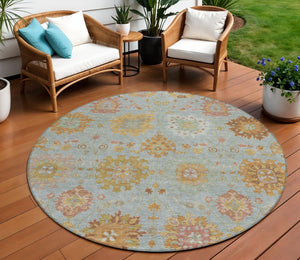 HomeRoots 8' Pale Aqua and Gold Round Damask Rug - Stylish, Washable, Durable for Indoor & Outdoor Spaces 657885