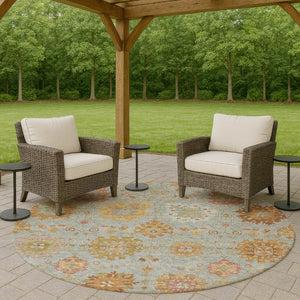 HomeRoots 8' Pale Aqua and Gold Round Damask Rug - Stylish, Washable, Durable for Indoor & Outdoor Spaces 657885