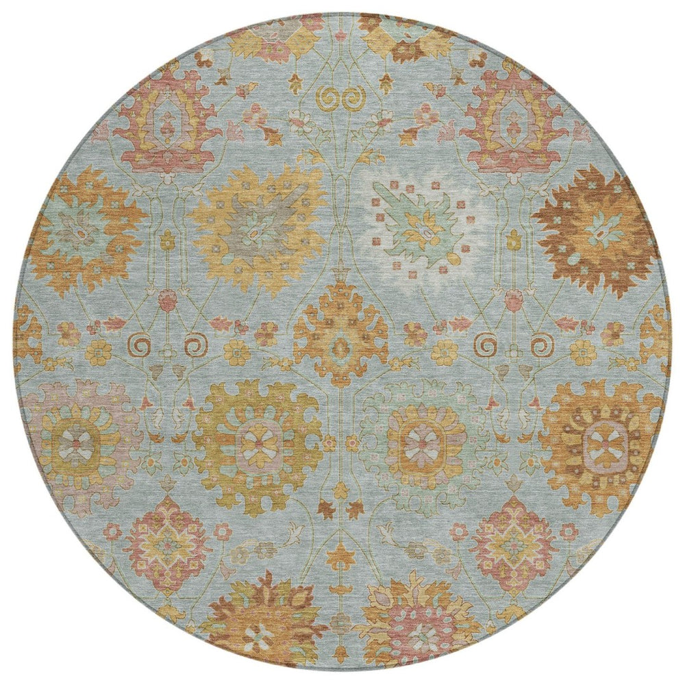 HomeRoots 8' Pale Aqua and Gold Round Damask Rug - Stylish, Washable, Durable for Indoor & Outdoor Spaces 657885