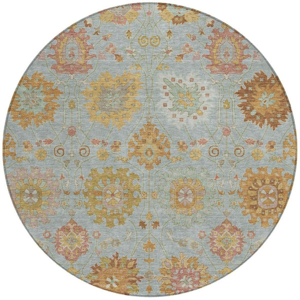 HomeRoots 8' Pale Aqua and Gold Round Damask Rug - Stylish, Washable, Durable for Indoor & Outdoor Spaces 657885
