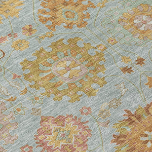 HomeRoots 8' Pale Aqua and Gold Round Damask Rug - Stylish, Washable, Durable for Indoor & Outdoor Spaces 657885