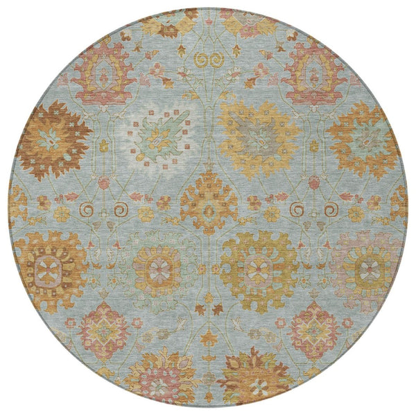HomeRoots 8' Pale Aqua and Gold Round Damask Rug - Stylish, Washable, Durable for Indoor & Outdoor Spaces 657885