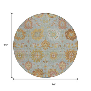 HomeRoots 8' Pale Aqua and Gold Round Damask Rug - Stylish, Washable, Durable for Indoor & Outdoor Spaces 657885