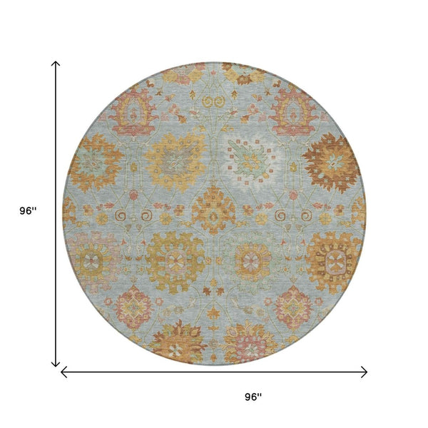 HomeRoots 8' Pale Aqua and Gold Round Damask Rug - Stylish, Washable, Durable for Indoor & Outdoor Spaces 657885