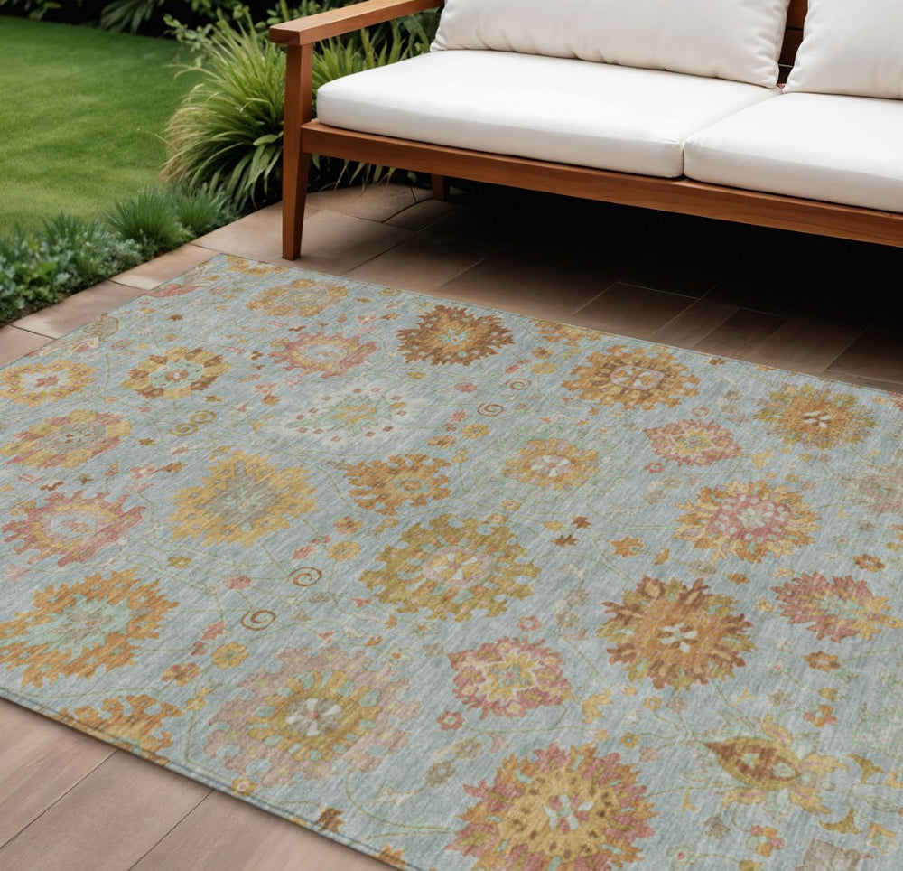 HomeRoots 8' X 10' Elegant Pale Aqua & Gold Damask Indoor/Outdoor Area Rug - Washable, Durable, Stylish Décor 657886