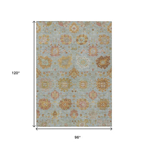 HomeRoots 8' X 10' Elegant Pale Aqua & Gold Damask Indoor/Outdoor Area Rug - Washable, Durable, Stylish Décor 657886