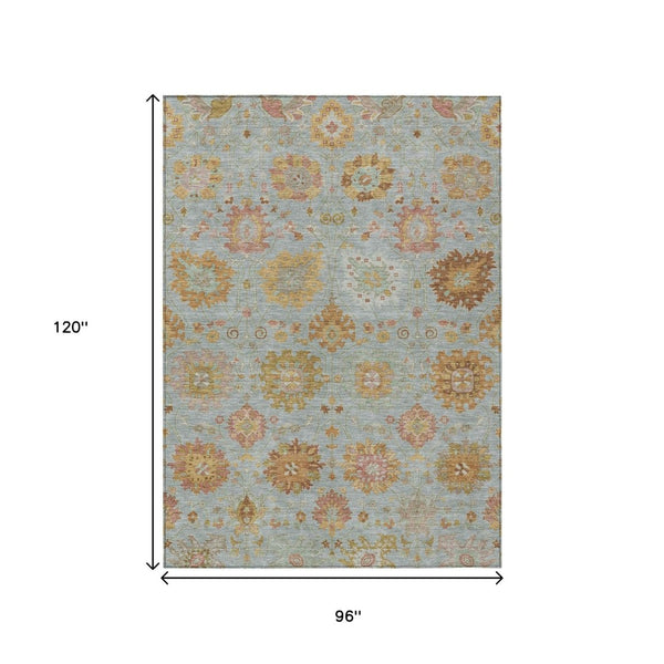 HomeRoots 8' X 10' Elegant Pale Aqua & Gold Damask Indoor/Outdoor Area Rug - Washable, Durable, Stylish Décor 657886