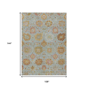 HomeRoots 9' X 12' Elegant Pale Aqua & Gold Damask Area Rug - Washable Indoor/Outdoor, Durable & Stylish! 657887