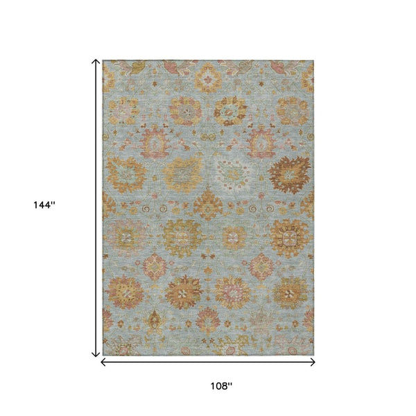 HomeRoots 9' X 12' Elegant Pale Aqua & Gold Damask Area Rug - Washable Indoor/Outdoor, Durable & Stylish! 657887